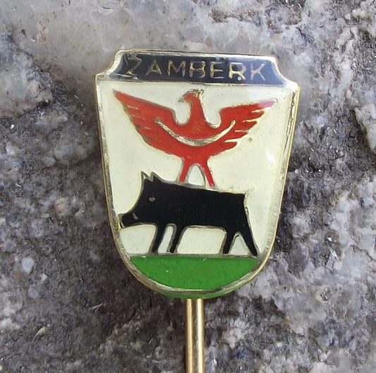 Zamberk Senftenberg Wild Boar Pig Red Spread Eagle Town Coat of Arms Pin Badge - Badgecrazy