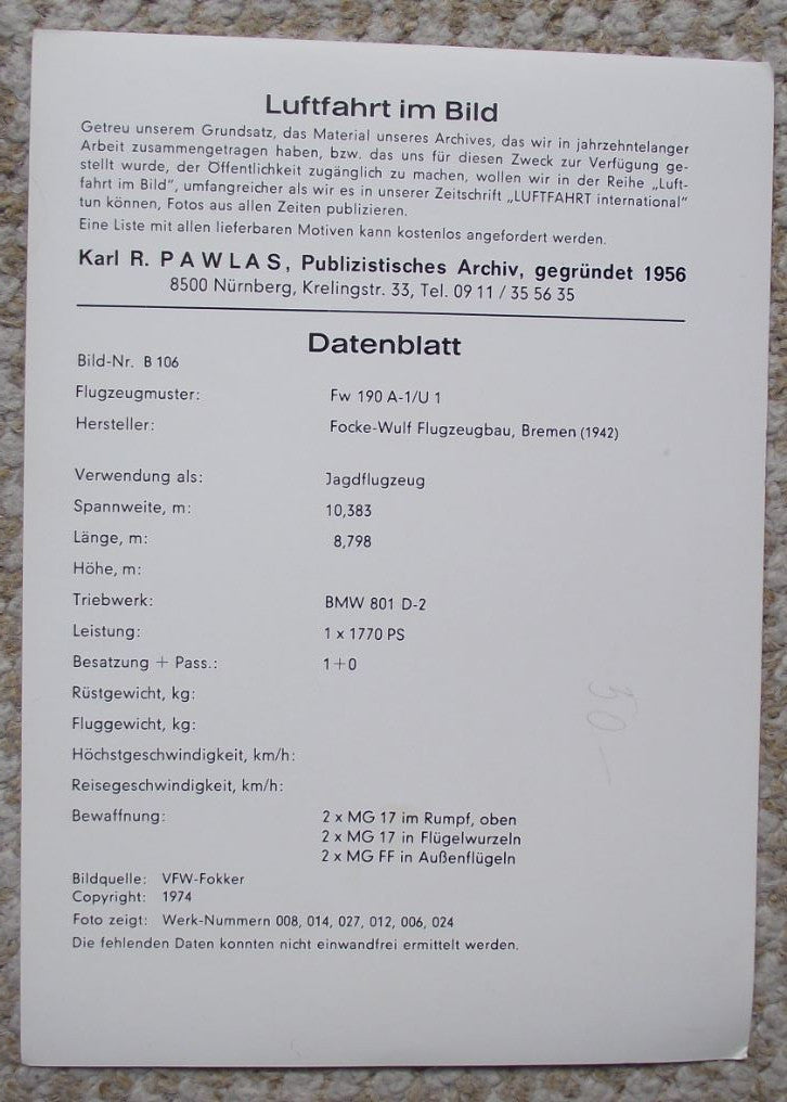 1974 Focke Wulf Fw 190 WW2 Luftwaffe Squadron WWII Aircraft Photographic Plate - Badgecrazy