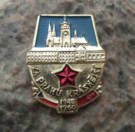 1960 Beautiful Prague 15th World War 2 Anniversary St Vitus Cathedral Pin Badge - Badgecrazy
