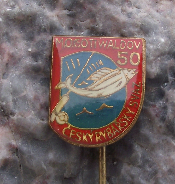 Vintage Gottwaldov Fishing Association 50th Anniversary Fish and Rod Pin Badge