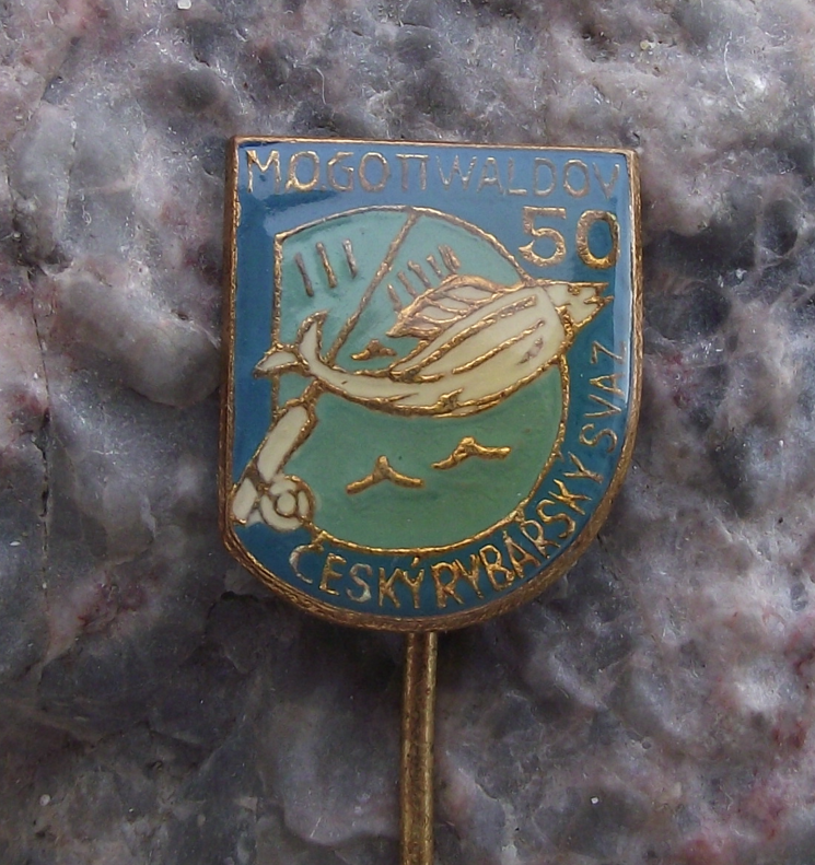 Vintage Gottwaldov Fishing Association 50th Anniversary Fish and Rod Pin Badge