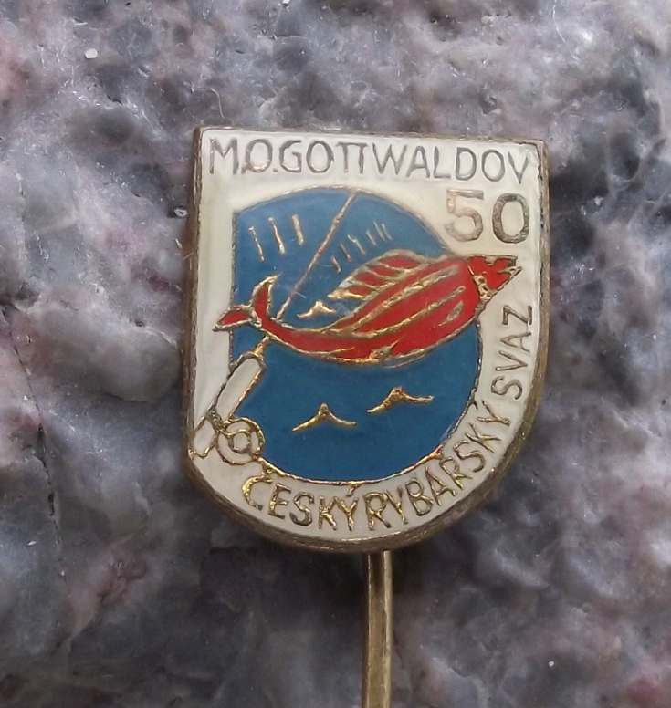 Vintage Gottwaldov Fishing Association 50th Anniversary Fish and Rod Pin Badge