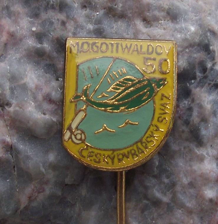Vintage Gottwaldov Fishing Association 50th Anniversary Fish and Rod Pin Badge