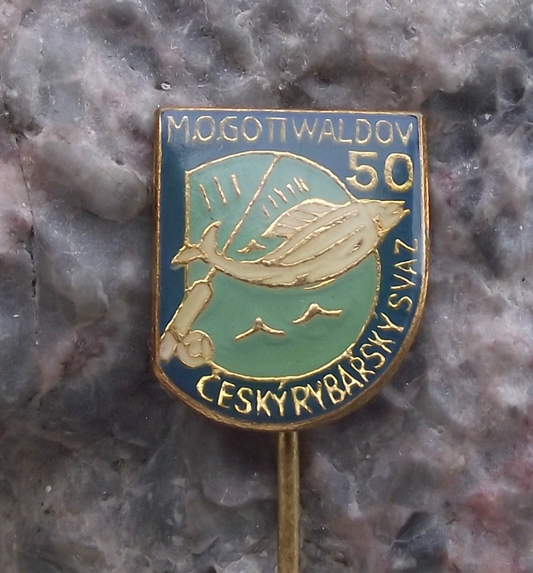 Vintage Gottwaldov Fishing Association 50th Anniversary Fish and Rod Pin Badge