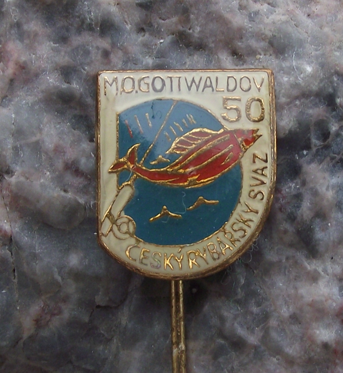 Vintage Gottwaldov Fishing Association 50th Anniversary Fish and Rod Pin Badge