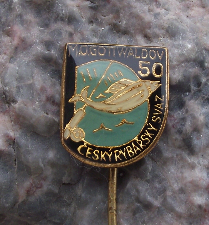 Vintage Gottwaldov Fishing Association 50th Anniversary Fish and Rod Pin Badge