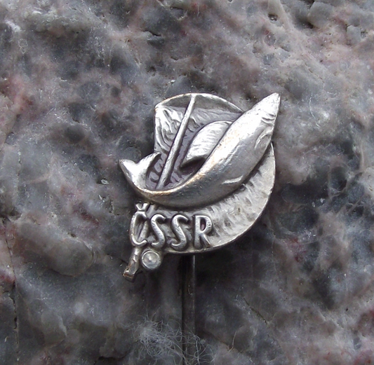 Vintage Czechoslovakia CSSR Fishing Association Members Leaping Fish Pin Badge