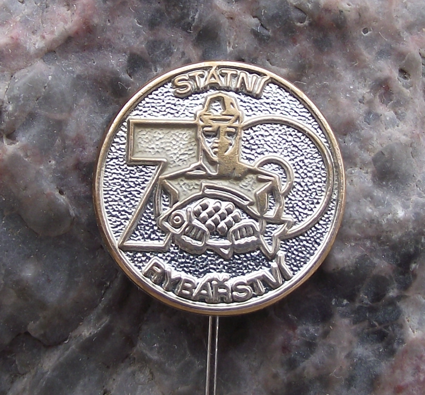 1989 Czech State Fishery Fisherman with Carp 70th Anniversary Pin Badge
