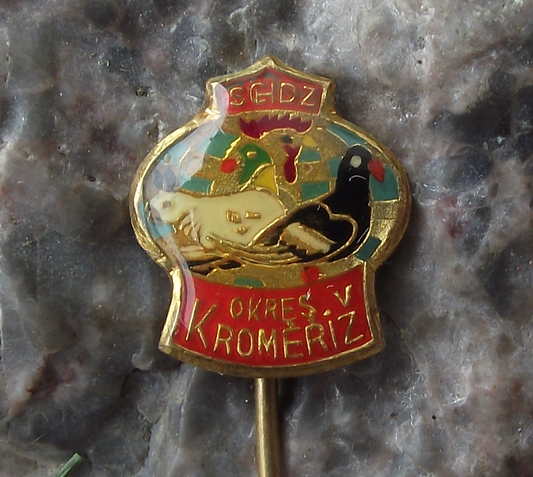 Vintage Chicken Pigeon Rabbit Small Breeds Association Kromeriz Pin Badge