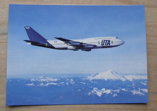 Vintage UTA Boeing 747 - 300 Airliner over Mountains Aircraft Postcard - Badgecrazy
