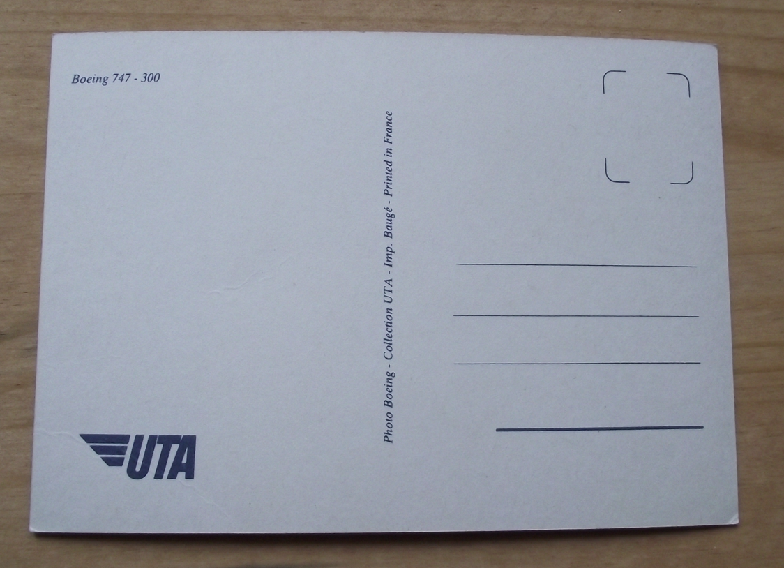 Vintage UTA Boeing 747 - 300 Airliner over Mountains Aircraft Postcard - Badgecrazy