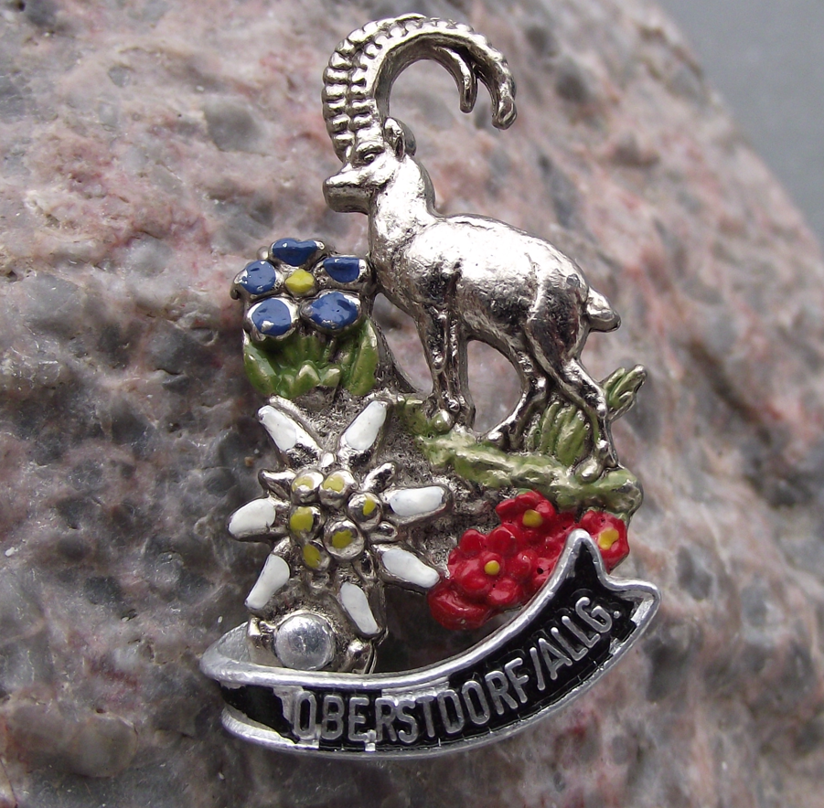 Vintage Germany Oberstdorf Edelweiss Flowers Ibex Deer Hunting Pin Badge