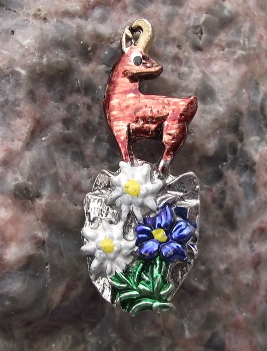 Vintage Austria Mountain Flowers Edelweiss Chamois Deer Hunting Pin Badge