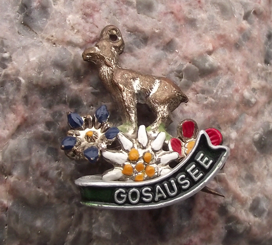 Vintage Austria Goausee Mountain Goat Deer Hunters Edelweiss Pin Badge