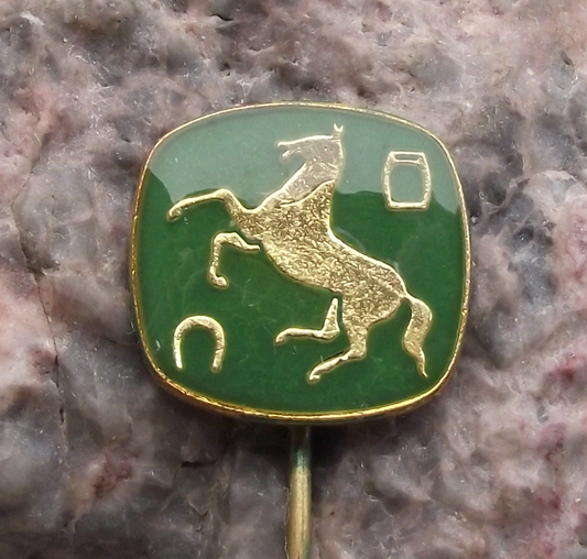 Vintage Horseshoe and Stirrup Rearing Horse Logo Pin Badge - Badgecrazy
