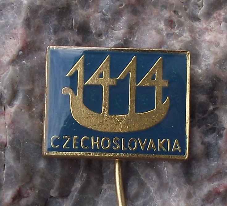 Vintage Czechoslovakia Bohemian Glass Company 1414 Ship Motif Pin Badge