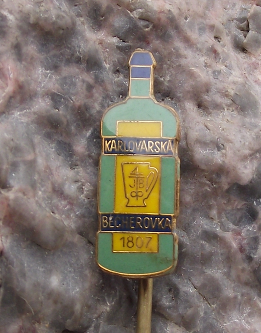 Vintage Carlsbad Becherovka Bitter Bottle Czech Herbal Drink Pin Badge