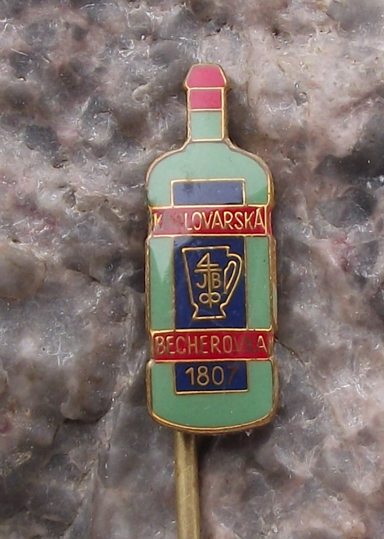 Vintage Carlsbad Becherovka Bitter Bottle Czech Herbal Drink Pin Badge