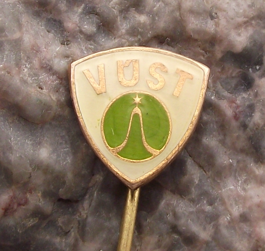 Vintage Tesla Electronics VUST Communications Research Labs Shield Pin Badge
