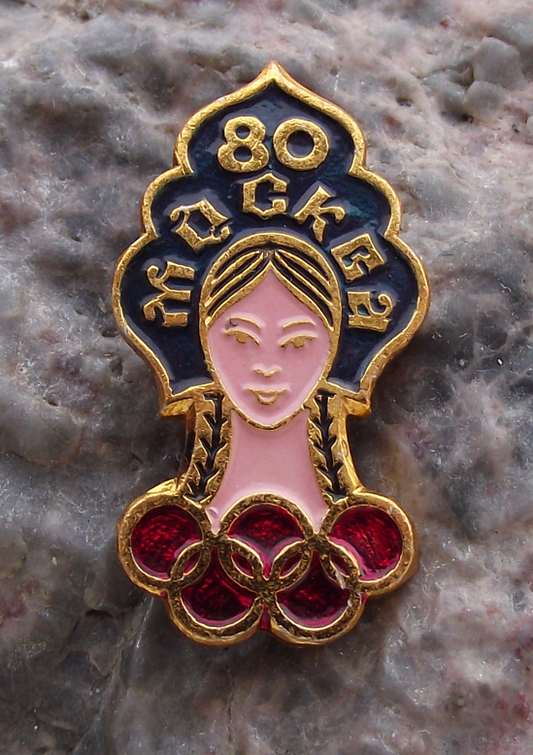 1980 Moscow Olympic Games Rings Traditional Russian Girl Pin Badge