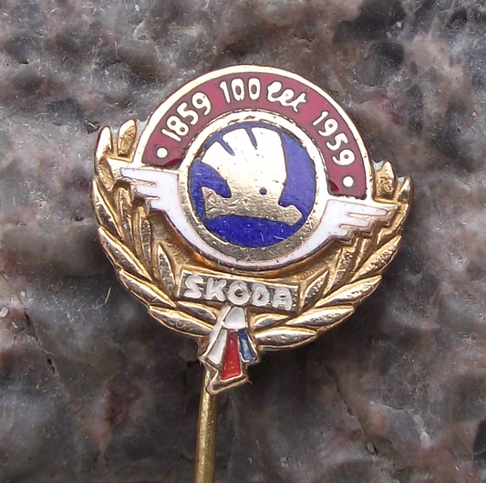 1959 Skoda Car Company 100th Anniversary Laurel Leaves Ribbon Pin Badge
