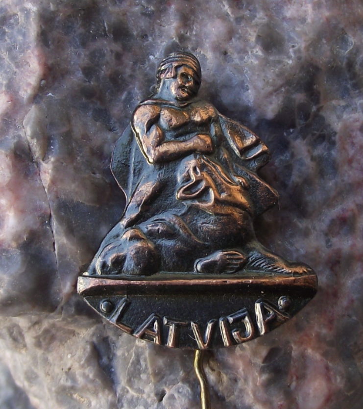 Vintage Latvia Lacplesis Baltic God Wrestling Bear Statue Pin Badge