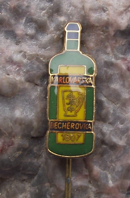 Vintage Carlsbad Becherovka Bitter Bottle Czech Herbal Drink Pin Badge