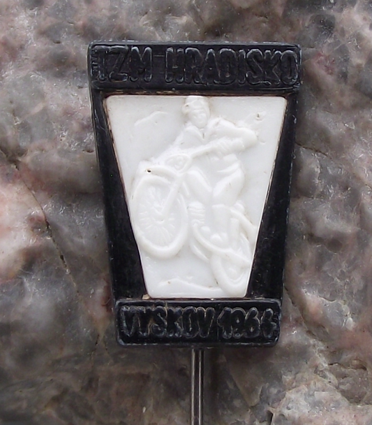 1964 Vyskov Motocross Leaping Jumping Motorbike & Rider MX Race Pin Badge