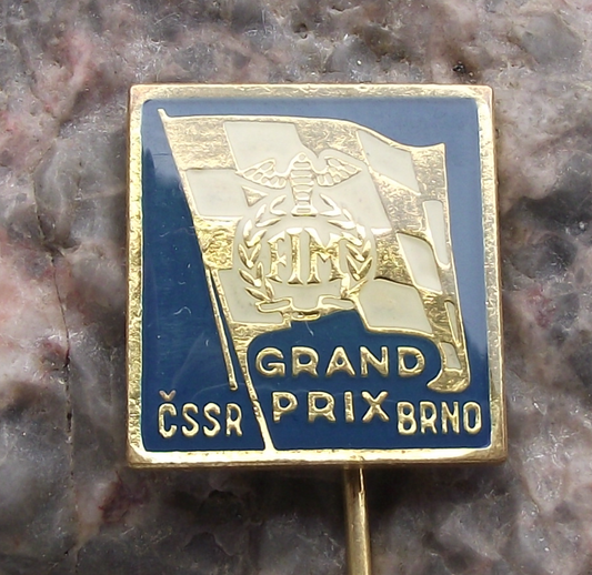 Vintage FIM Grand Prix Brno CSSR Chequered Flag Motorbike Racing Pin Badge