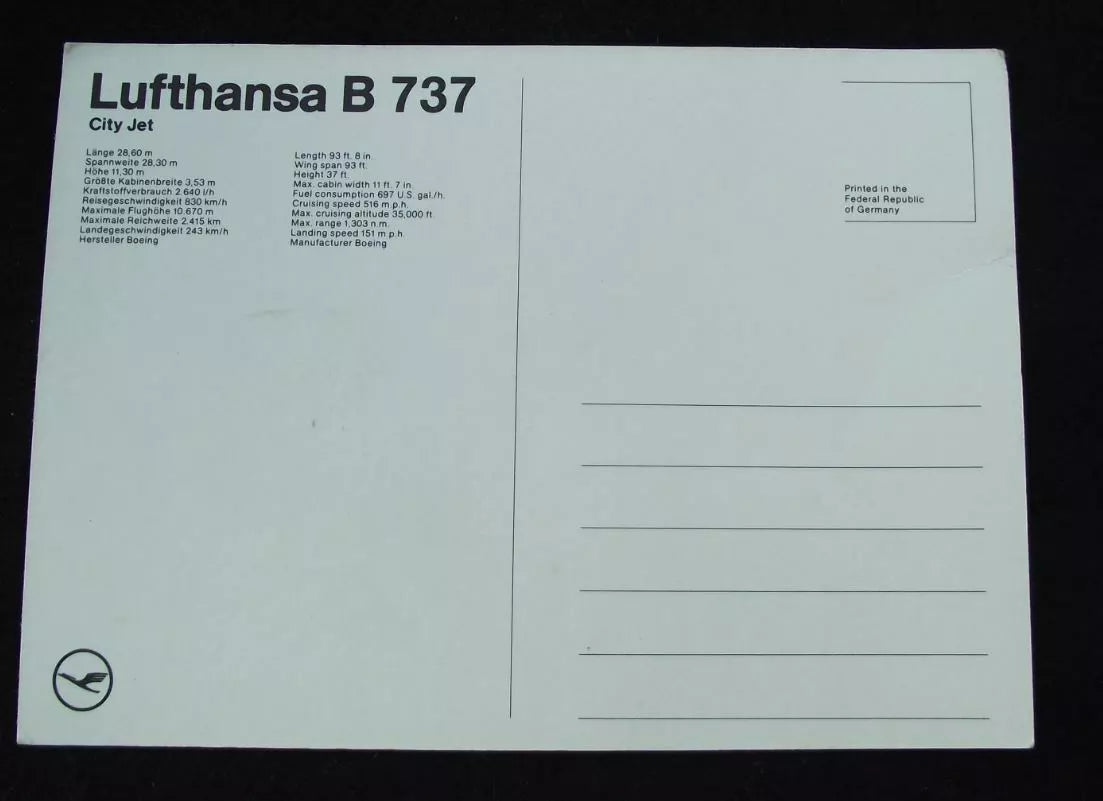 Vintage Lufthansa Boeing 737 City Jet Airliner Aircraft Postcard - Badgecrazy