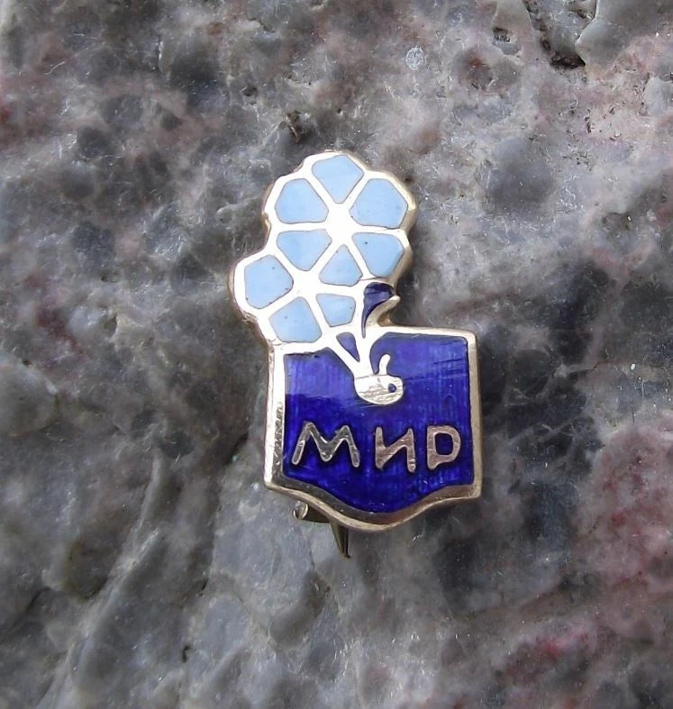Vintage Soviet Union Russian Blue Flowers World Peace Slogan Pin Badge