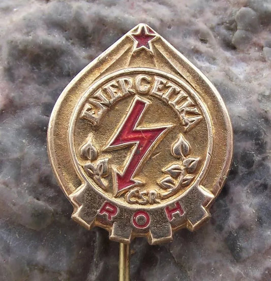 Vintage Czech Energy Workers Guild Trade Union ROH Electric Bolt Pin Badge