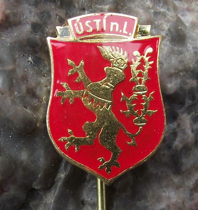 Antique Usti nad Labem Lion Knight Helmet Heraldic Crest Coat of Arms Pin Badge - Badgecrazy
