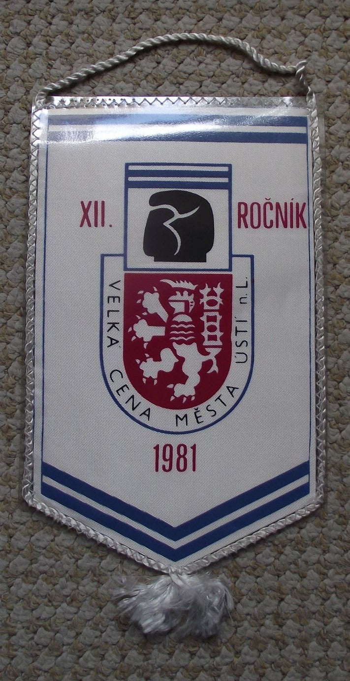 1981 Czechoslovakia Boxing Title Fight Usti nad Labem Glove Lion Pennant Flag - Badgecrazy