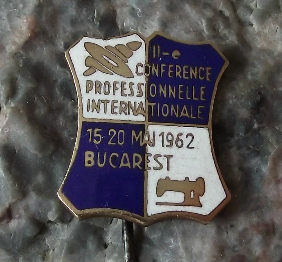 1962 Bucharest 2nd Conference of Textile Workers Loom Sewing Machine Pin Badge - Badgecrazy