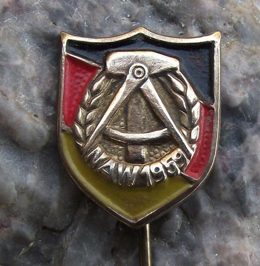 1959 NAW Nationale Aufbauwerk GDR German National Front Compass Hammer Pin Badge - Badgecrazy