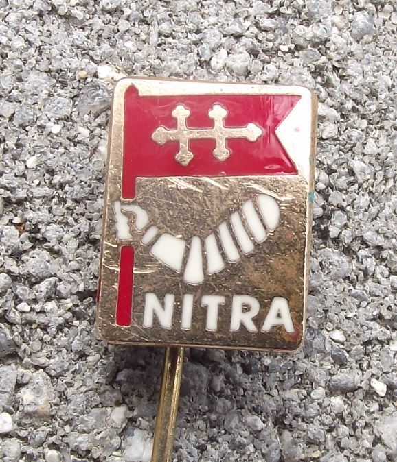 Nitra Slovakia Armoured Arm Holding Double Cross Flag Heraldic Crest Pin Badge - Badgecrazy