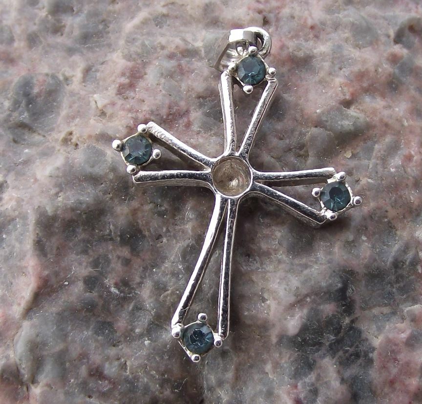Antique Christ Cross Four 4 Blue Stones Christian Religious Necklace Holy Charm - Badgecrazy