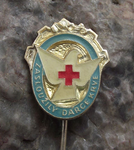 Worthy Blood Donation Donor Czechoslovakia Award White Dove Red Cross Pin Badge