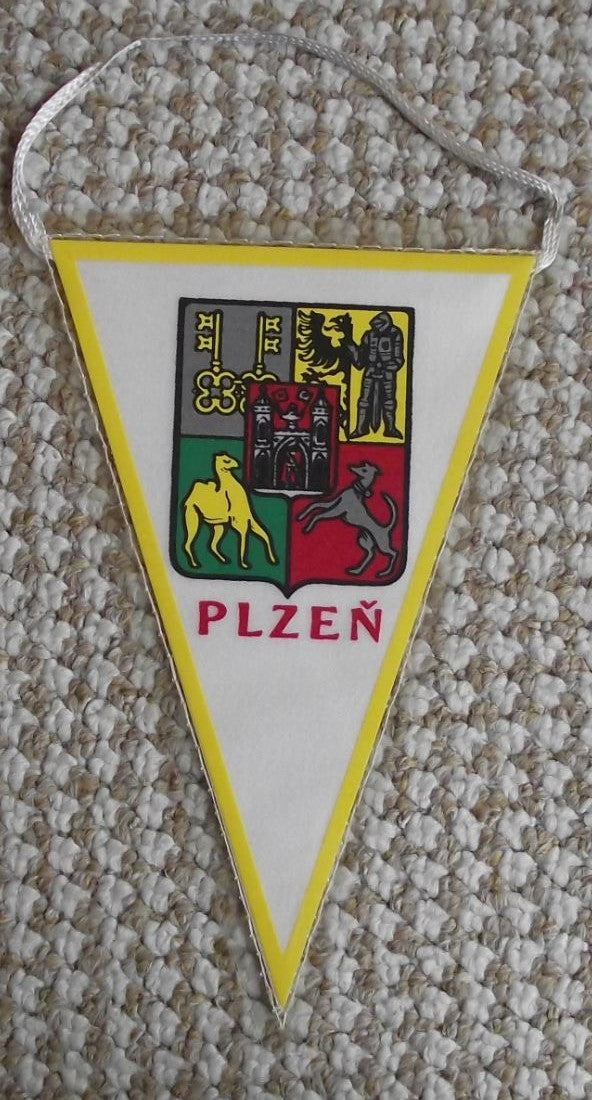 Plzen Pilsen City Crest Camel Dog Keys Knight Heraldic Coat of Arms Pennant Flag - Badgecrazy