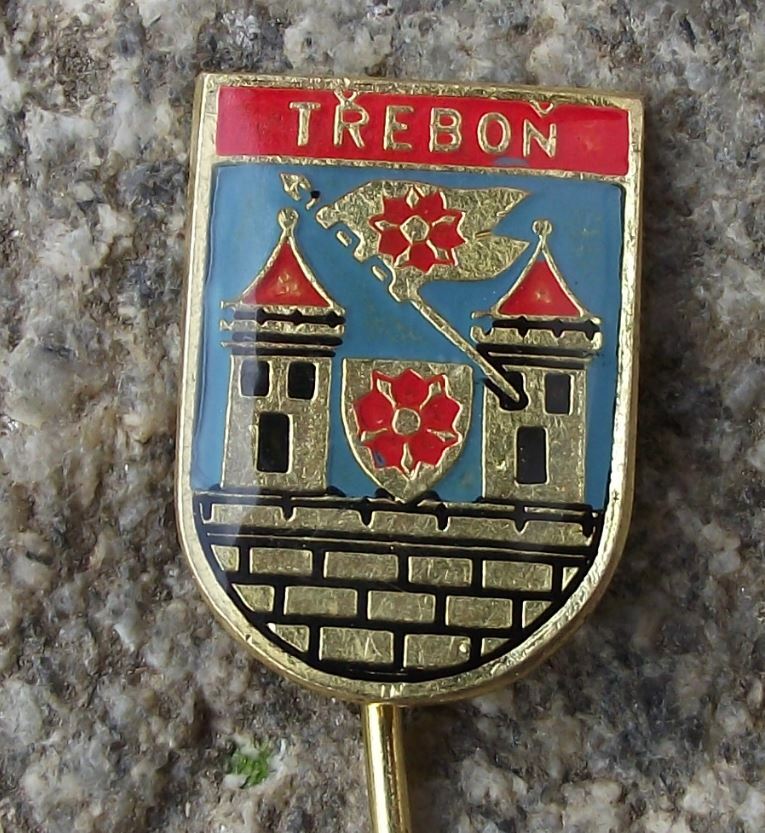 Trebon Czech Bohemian Walled City & Roses Coat of Arms Heraldic Crest Pin Badge - Badgecrazy