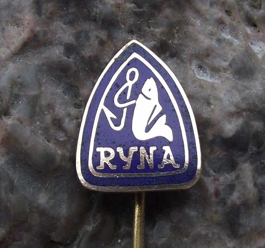 Antique Ryna Czech Fishing Tackle & Hook Makers Fish Logo Advertising Pin Badge - Badgecrazy