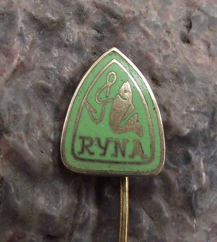 Antique Ryna Czech Fishing Tackle & Hook Makers Fish Logo Advertising Pin Badge - Badgecrazy