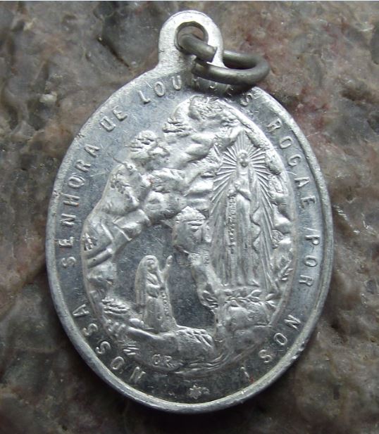 Antique Our Lady of Lourdes pray for us France Pilgrimage Bracelet Charm - Badgecrazy