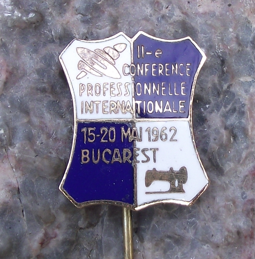 1962 Bucharest 2nd Conference of Textile Workers Loom Sewing Machine Pin Badge - Badgecrazy
