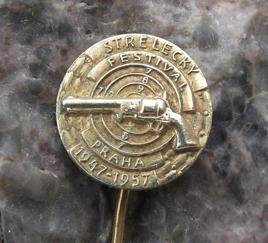 1957 Czechoslovakia Weapons Shooting Gun Festival Prague Revolver Pin Badge - Badgecrazy