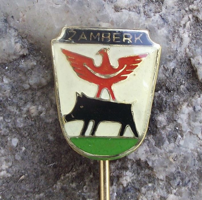 Zamberk Senftenberg Wild Boar Pig Red Spread Eagle Town Coat of Arms Pin Badge