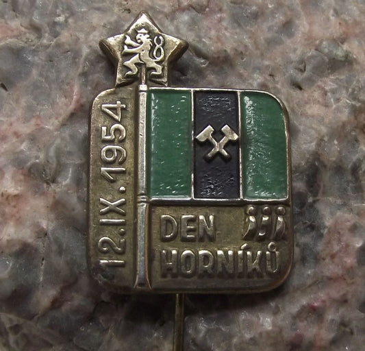 1954 National Czech Mining Miners Day Den Horniku Coal Mine Flag Pin Badge
