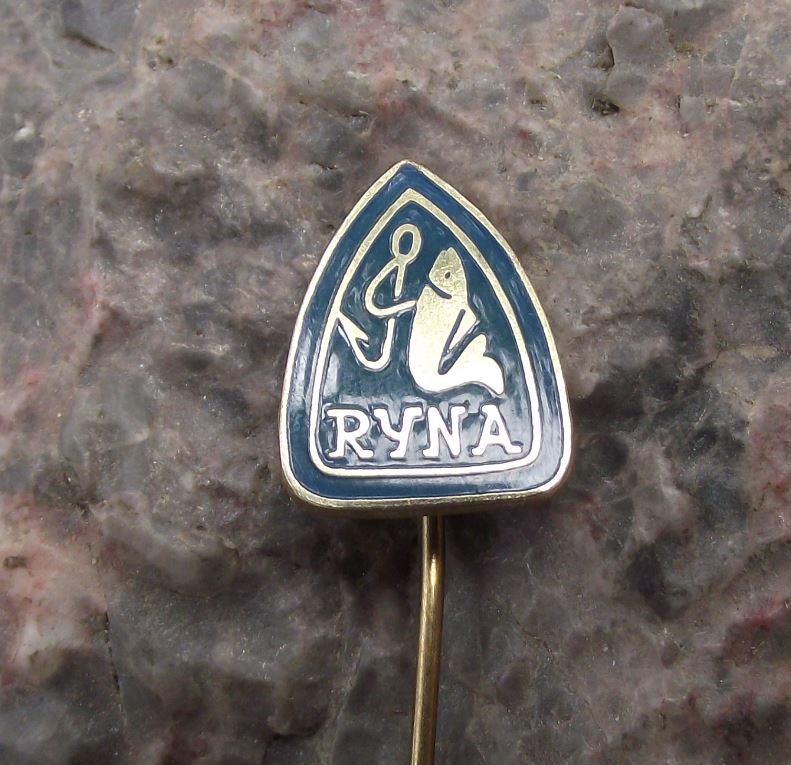 Antique Ryna Czech Fishing Tackle & Hook Makers Fish Logo Advertising Pin Badge - Badgecrazy