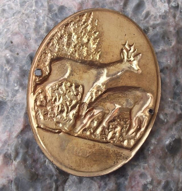 Vintage Sumava Mountains Pair Deer Stag Hunter Walking Stick Shield Stocknagel - Badgecrazy